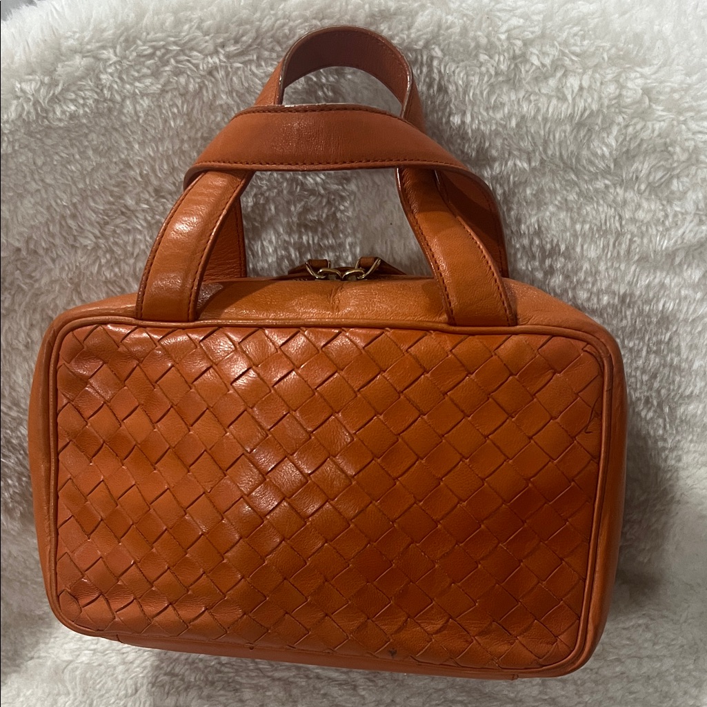 Authentic Bottega Veneta Woven Leather Top-Handle Bag In Burnt Orange